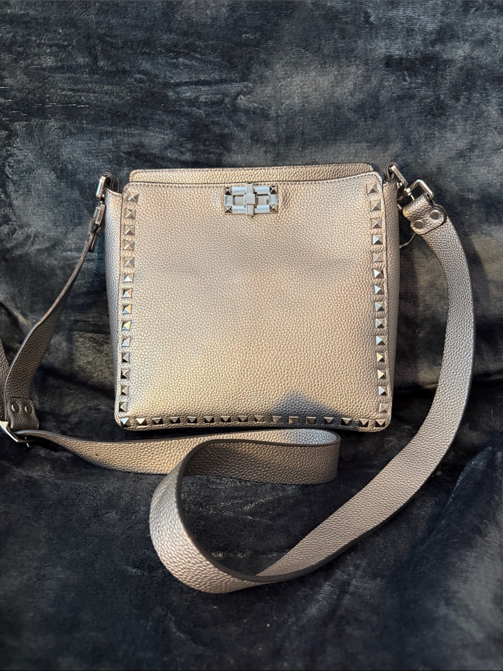 Silver Metallic Gray Studded Crossbody Bag. Vegan new never used.